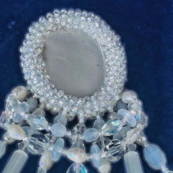 Vintage hand beaded mother of pearl crystal pearl chandelier bridal sash pin - Picture 6 of 17